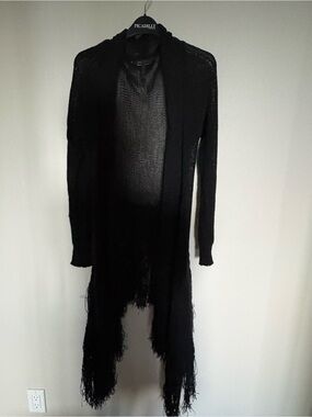 BCbG Max Azria Black Open-Front Fringe Duster Cardigan
